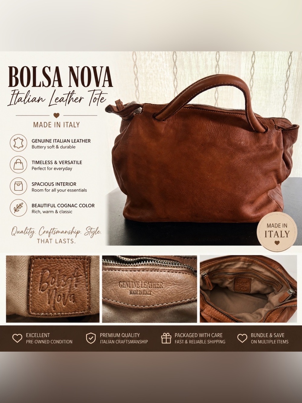 Bolsa Nova Italian Leather Tote in Cognac